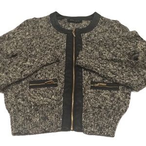 Nubby marled b&w sweater with vegan leather